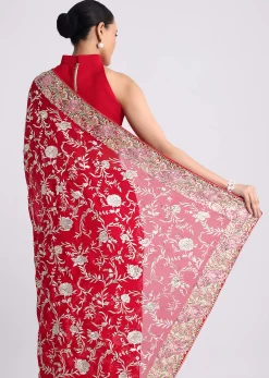 Red Georgette Saree with Parsi Gara Work