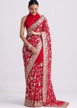 Red Georgette Saree with Parsi Gara Work