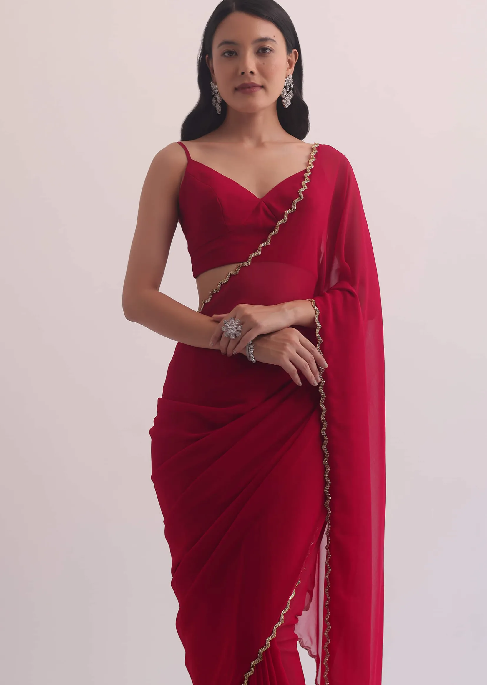 Red Georgette Saree With Cutdana Embroidery