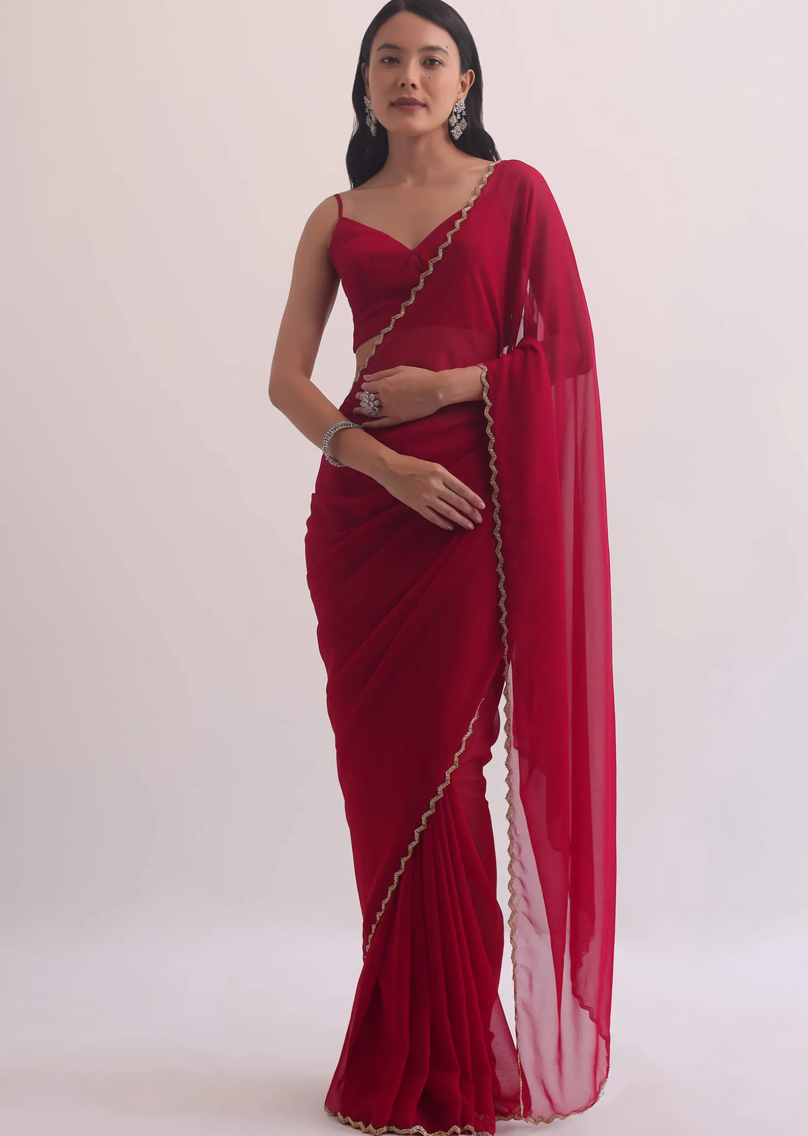 Red Georgette Saree With Cutdana Embroidery