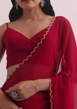 Red Georgette Saree With Cutdana Embroidery