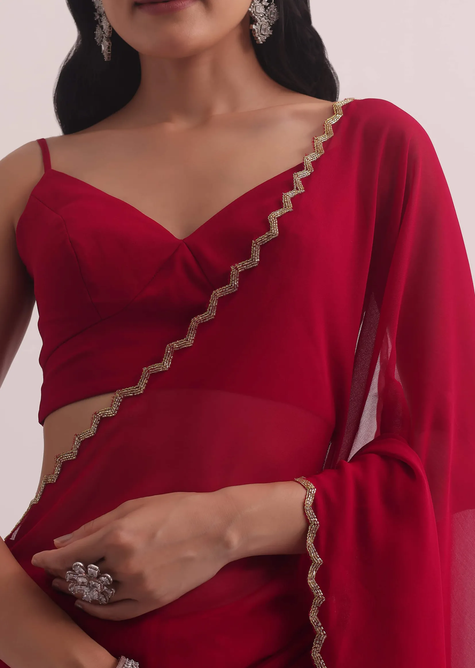 Red Georgette Saree With Cutdana Embroidery