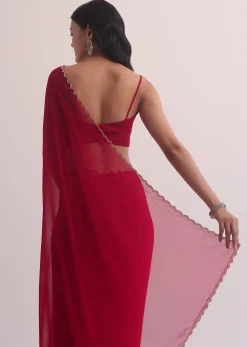 Red Georgette Saree With Cutdana Embroidery