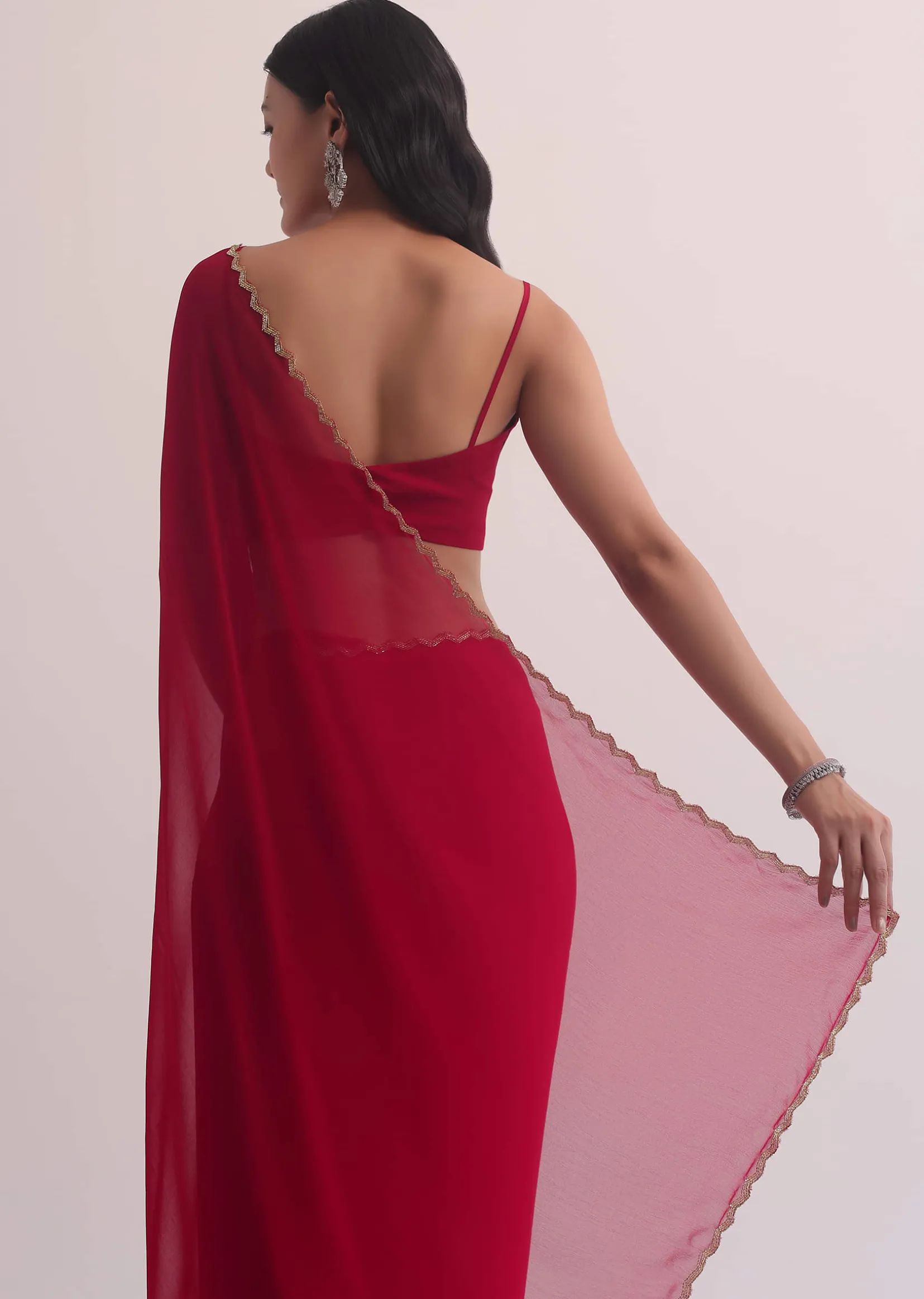 Red Georgette Saree With Cutdana Embroidery