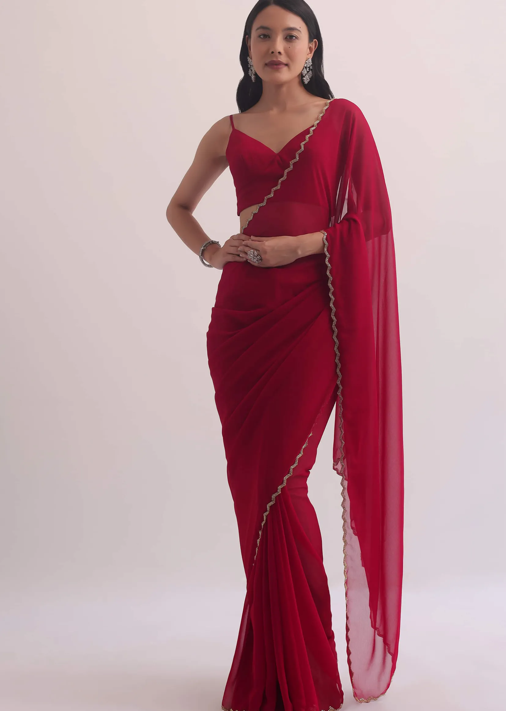 Red Georgette Saree With Cutdana Embroidery