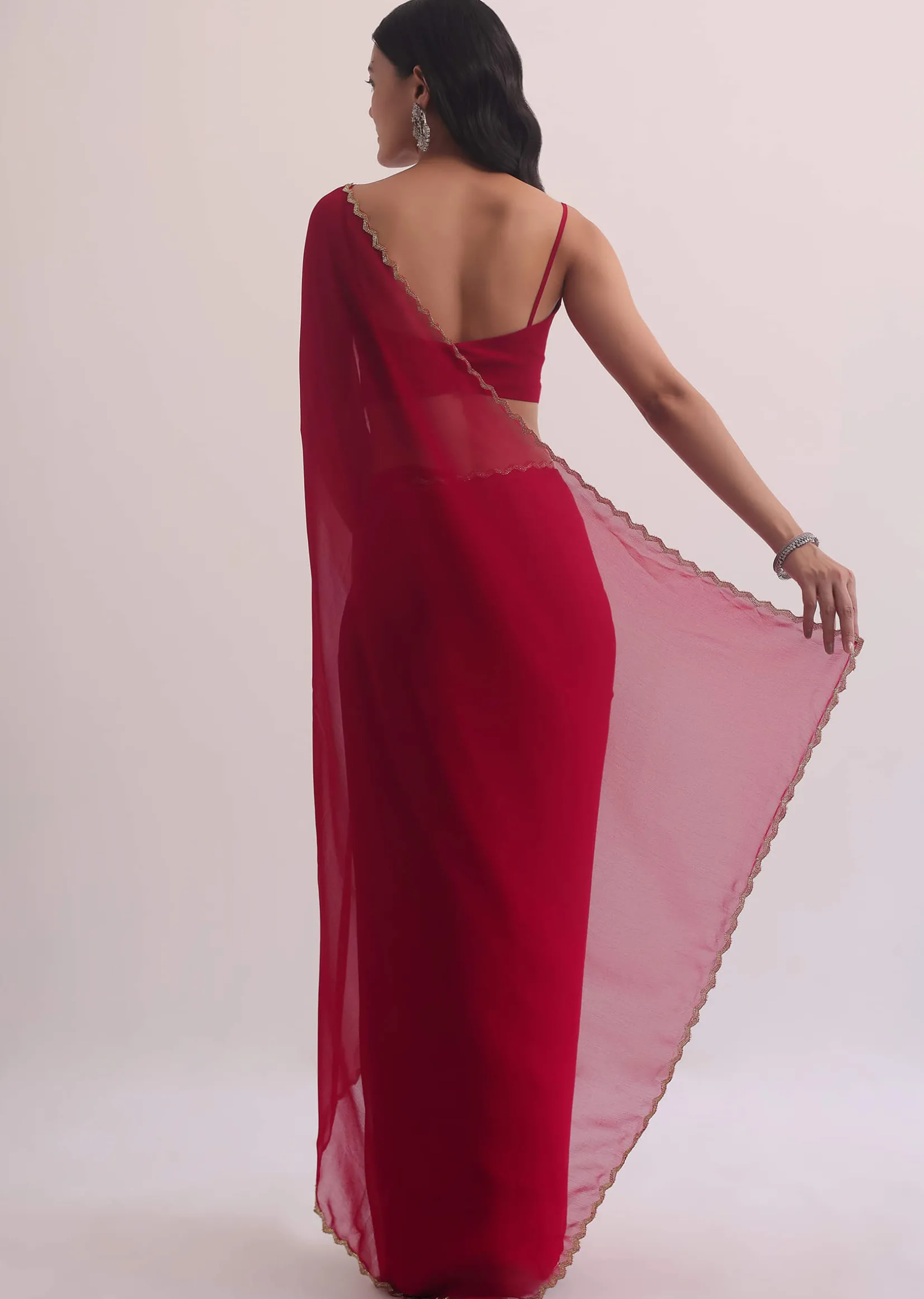 Red Georgette Saree With Cutdana Embroidery
