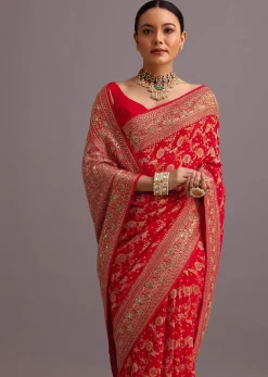 Red Georgette Woven Saree With Bandhani Jaal Work