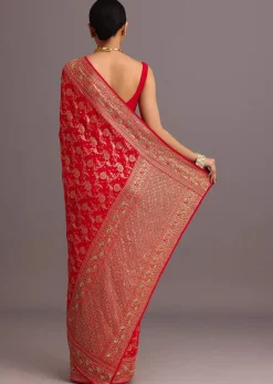 Red Georgette Woven Saree With Bandhani Jaal Work