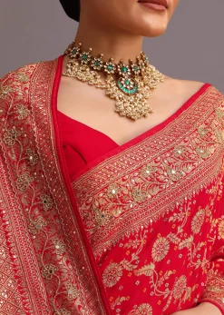 Red Georgette Woven Saree With Bandhani Jaal Work