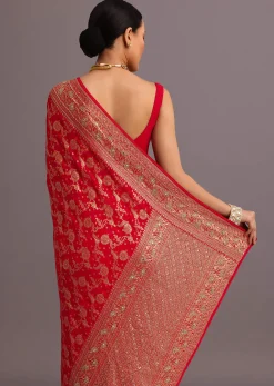 Red Georgette Woven Saree With Bandhani Jaal Work
