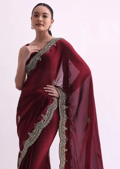 Red Glass Tissue Saree With Sequin Scallop Border And Unstitched Blouse Fabric