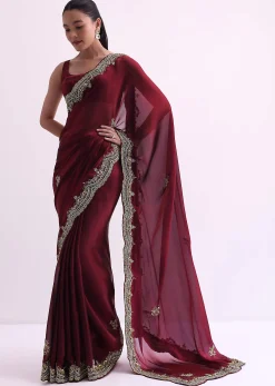 Red Glass Tissue Saree With Sequin Scallop Border And Unstitched Blouse Fabric