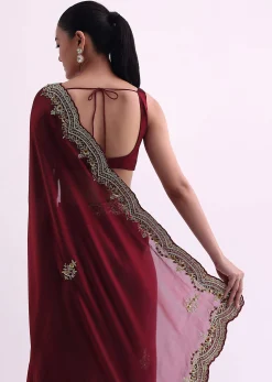 Red Glass Tissue Saree With Sequin Scallop Border And Unstitched Blouse Fabric