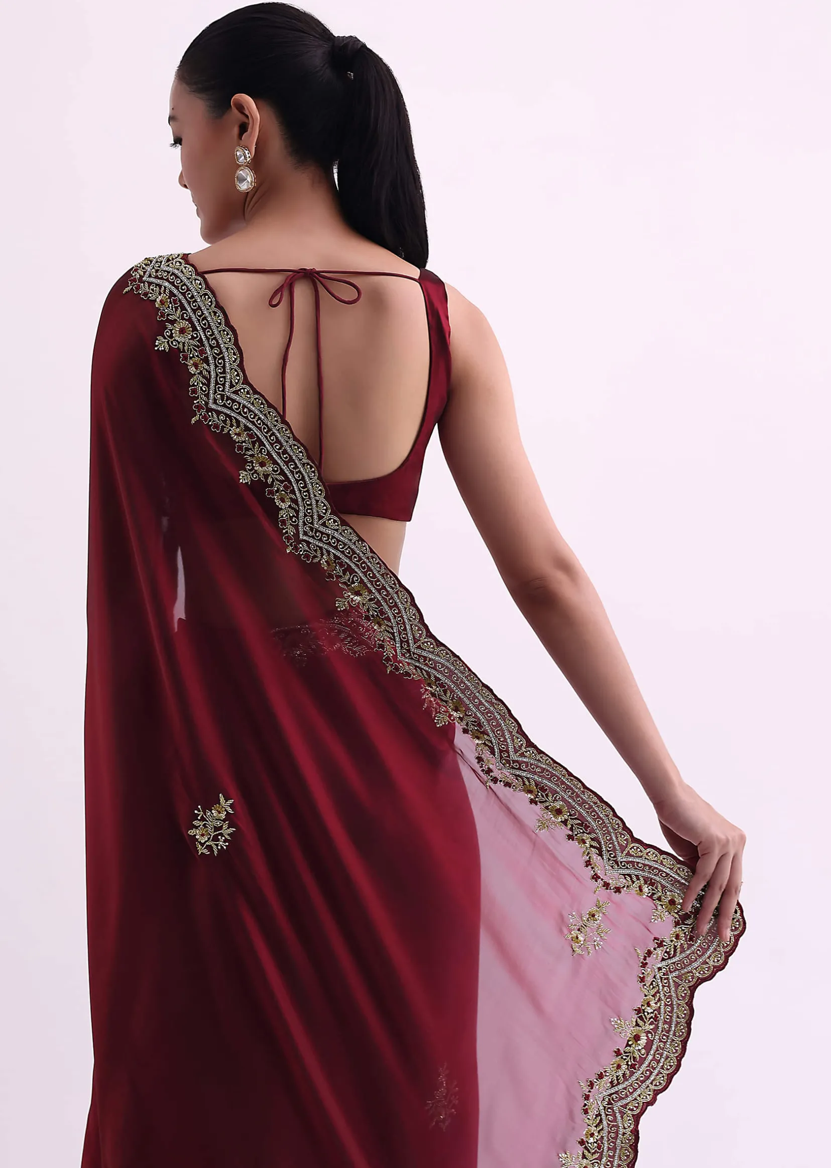 Red Glass Tissue Saree With Sequin Scallop Border And Unstitched Blouse Fabric