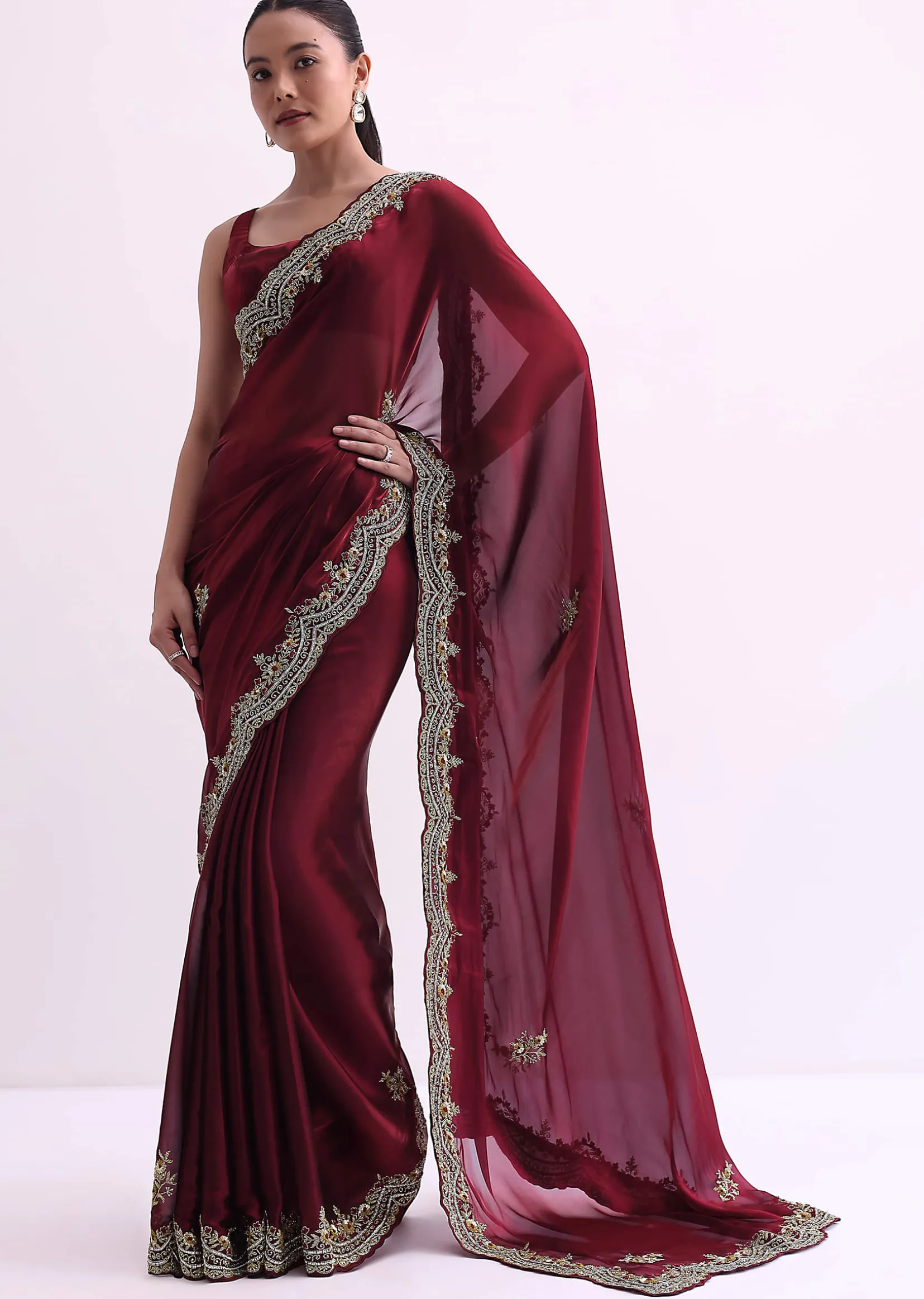 Red Glass Tissue Saree With Sequin Scallop Border And Unstitched Blouse Fabric