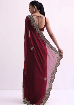 Red Glass Tissue Saree With Sequin Scallop Border And Unstitched Blouse Fabric