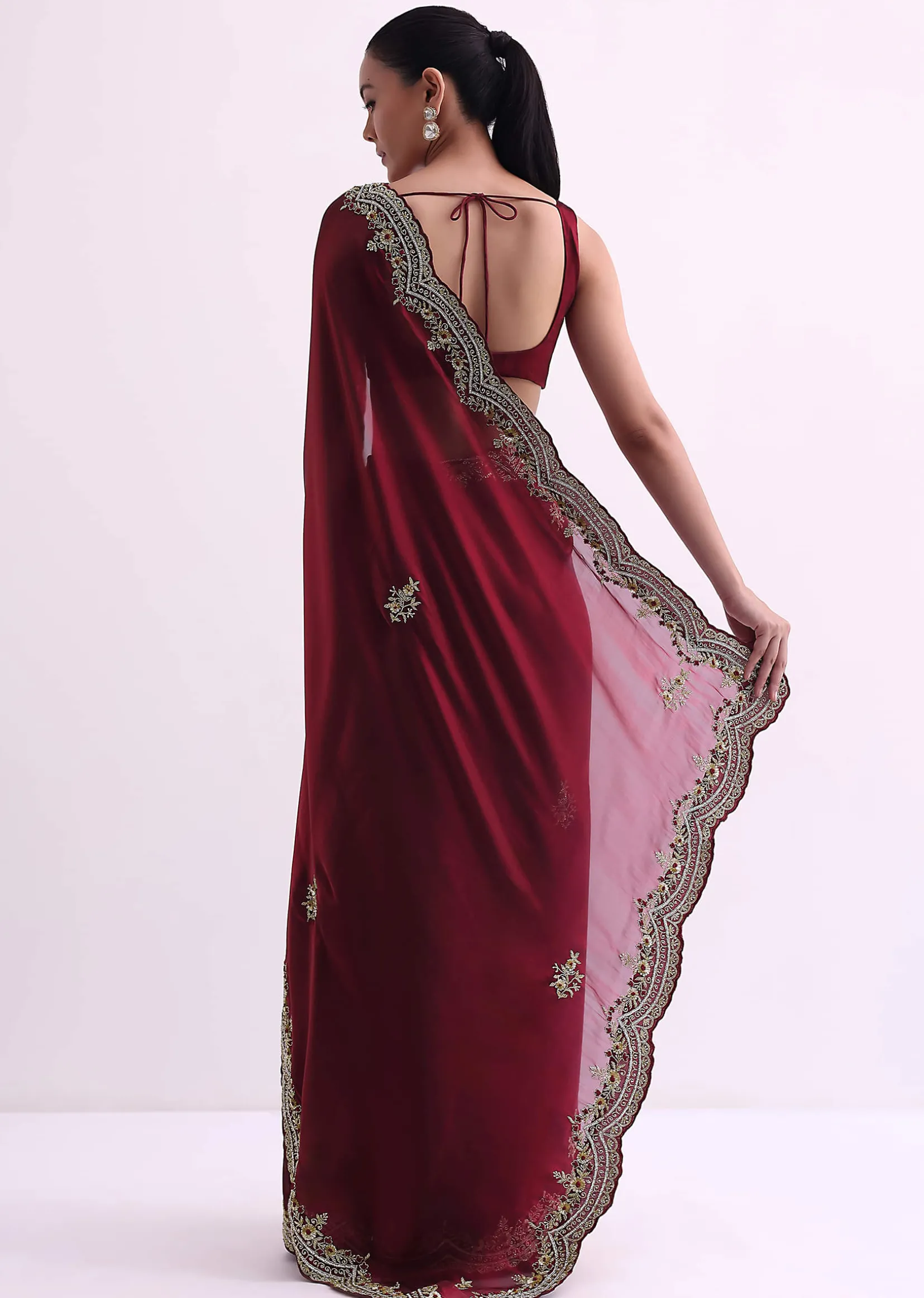 Red Glass Tissue Saree With Sequin Scallop Border And Unstitched Blouse Fabric