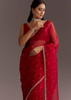 Red Glass Tissue Saree With Cutdana And Sequins Scallop Border