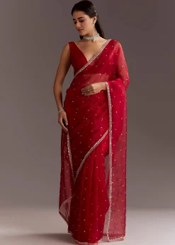 Red Glass Tissue Saree With Cutdana And Sequins Scallop Border