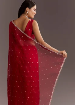 Red Glass Tissue Saree With Cutdana And Sequins Scallop Border