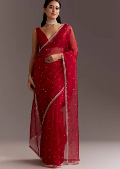 Red Glass Tissue Saree With Cutdana And Sequins Scallop Border