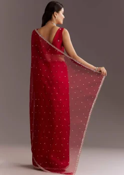 Red Glass Tissue Saree With Cutdana And Sequins Scallop Border