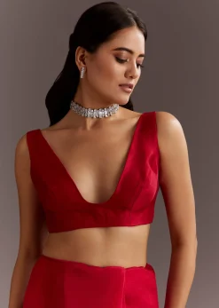 Red Glass Tissue Saree With Cutdana And Sequins Scallop Border