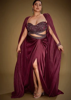 Red Hand Embroidered Blouse With Drape Skirt And Crushed Cape