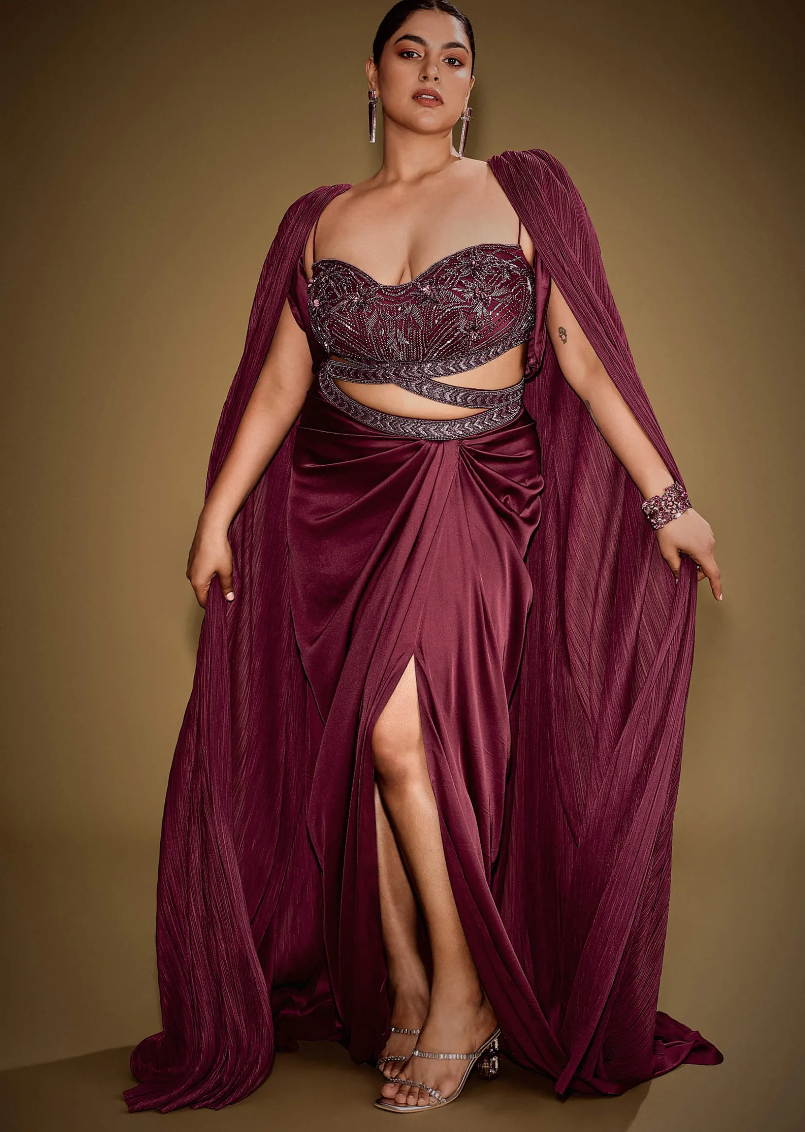 Red Hand Embroidered Blouse With Drape Skirt And Crushed Cape