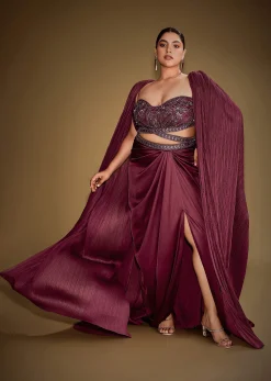Red Hand Embroidered Blouse With Drape Skirt And Crushed Cape