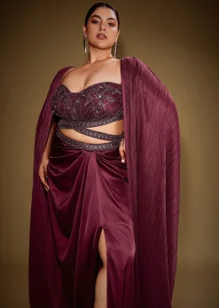 Red Hand Embroidered Blouse With Drape Skirt And Crushed Cape