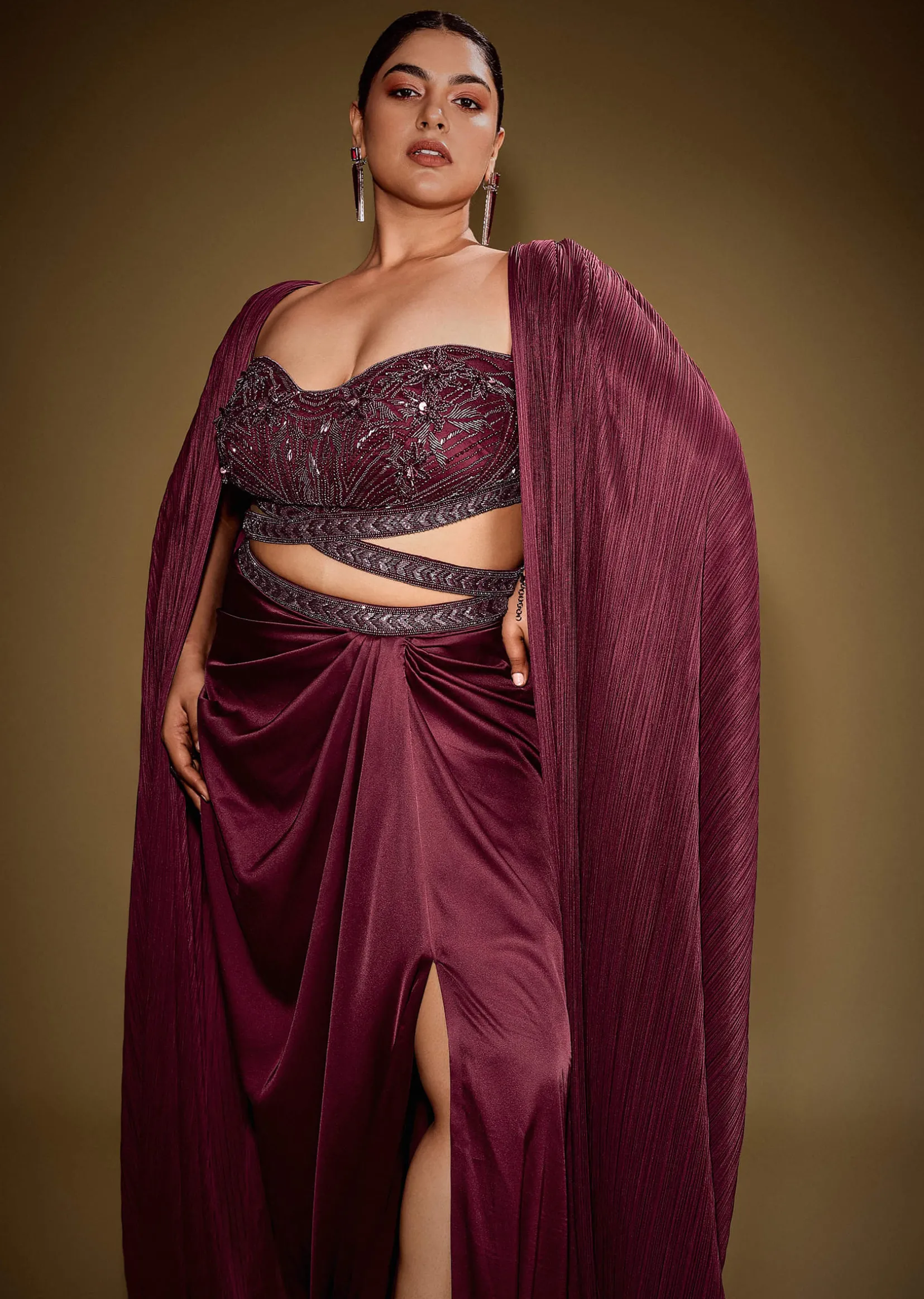 Red Hand Embroidered Blouse With Drape Skirt And Crushed Cape