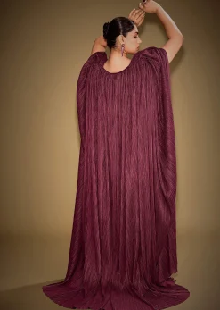Red Hand Embroidered Blouse With Drape Skirt And Crushed Cape