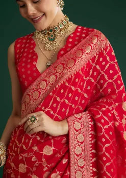 Red Jaal Work Saree With Floral Border And Pallu