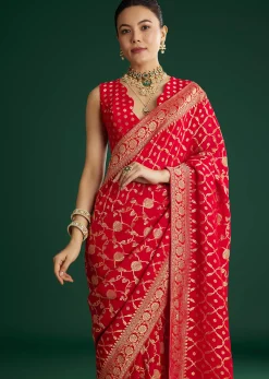 Red Jaal Work Saree With Floral Border And Pallu