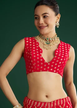 Red Jaal Work Saree With Floral Border And Pallu