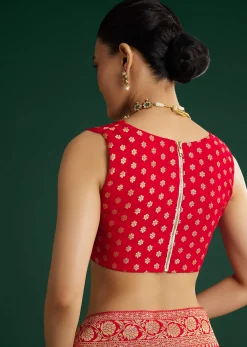 Red Jaal Work Saree With Floral Border And Pallu