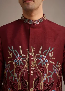 Red Jacket And Kurta Set In Silk With Resham Work