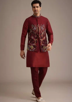 Red Jacket And Kurta Set In Silk With Resham Work