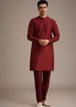 Red Jacket And Kurta Set In Silk With Resham Work