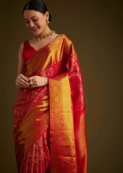 Red Kanjivaram Silk Saree With Golden Zari Detailing