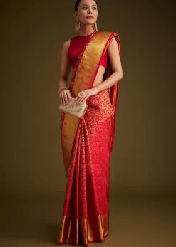 Red Kanjivaram Silk Saree With Golden Zari Woven Border