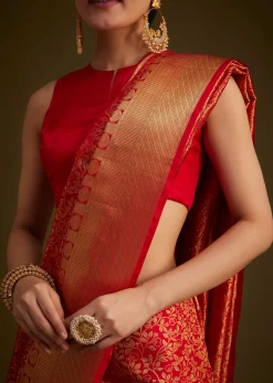 Red Kanjivaram Silk Saree With Golden Zari Woven Border