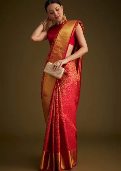 Red Kanjivaram Silk Saree With Golden Zari Woven Border