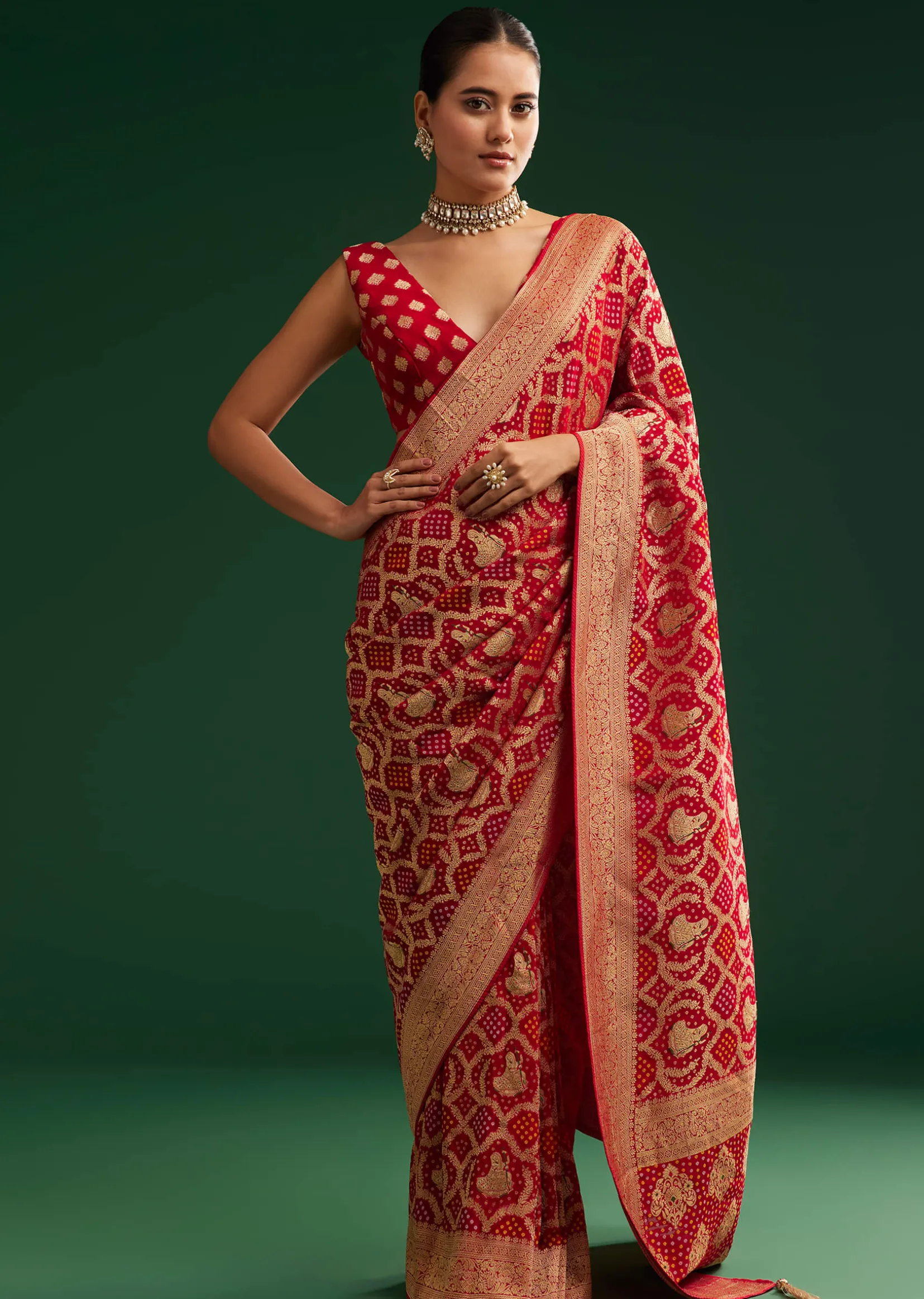 Red Khaddi Georgette Saree With Zari Woven Jaal Work