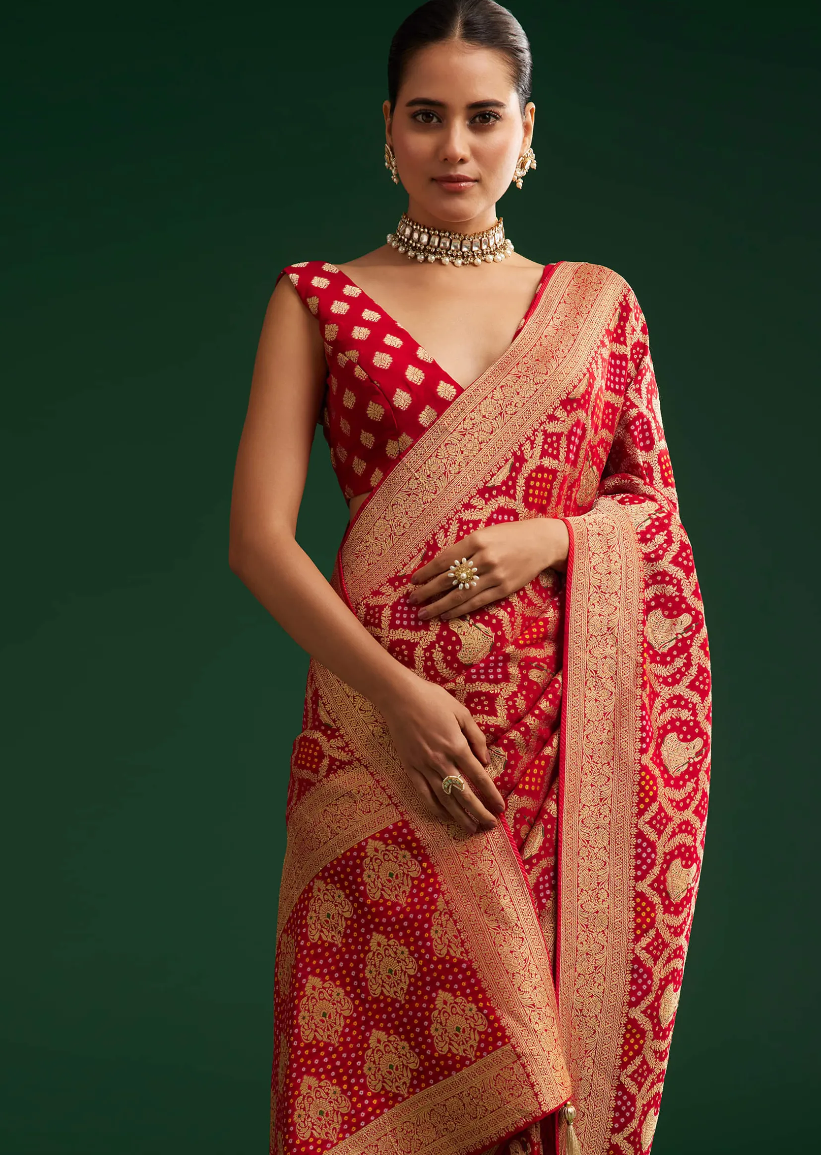 Red Khaddi Georgette Saree With Zari Woven Jaal Work