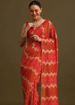 Red Khaddi Georgette Saree With Gotta Patti Border And Unstitched Blouse