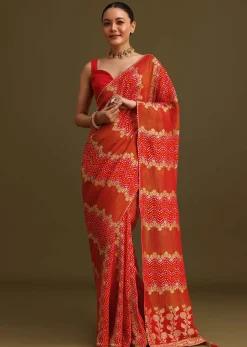Red Khaddi Georgette Saree With Gotta Patti Border And Unstitched Blouse
