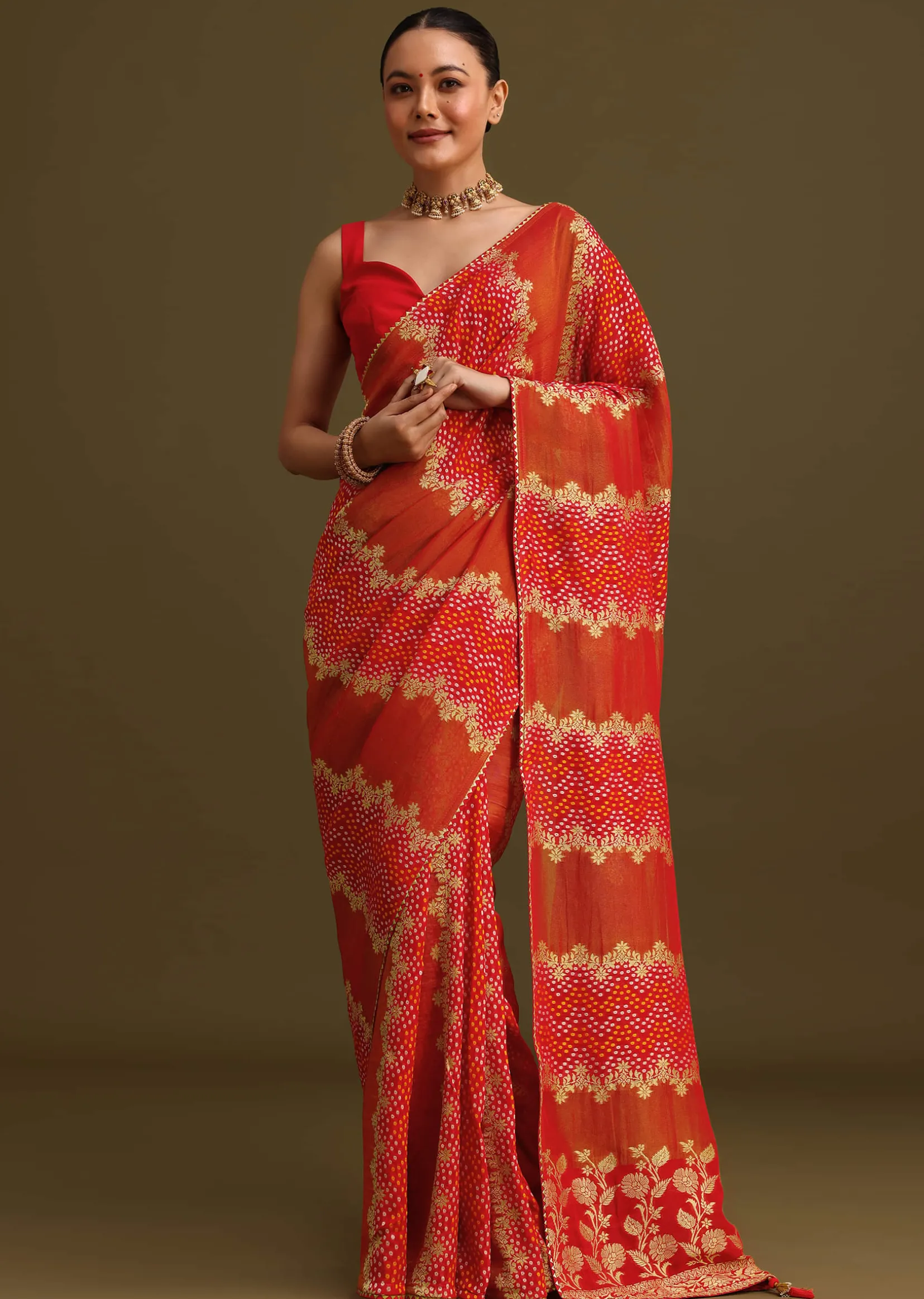 Red Khaddi Georgette Saree With Gotta Patti Border And Unstitched Blouse