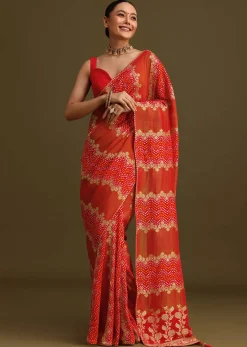 Red Khaddi Georgette Saree With Gotta Patti Border And Unstitched Blouse